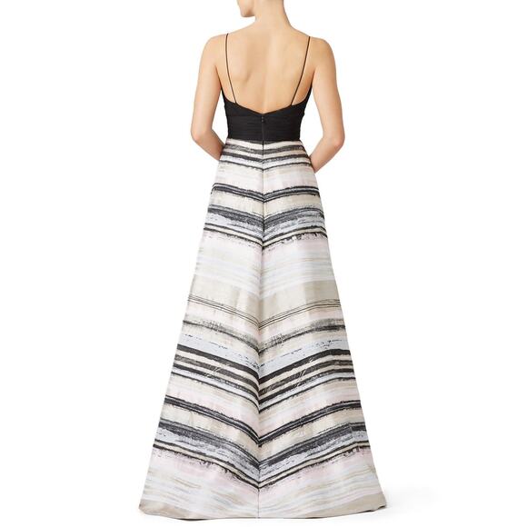 Badgley Mischka Neutral Black Striped Sleeveless V-Neck Hi-Low Gown Size 2 - Picture 2 of 8